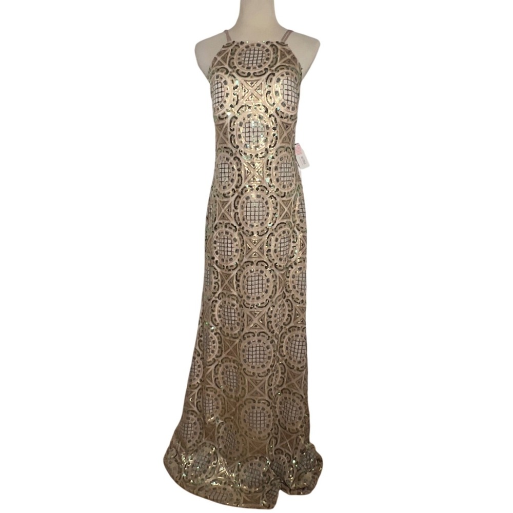 Nicole Miller Gown Womens 10 Green Gold Sequin Halter Open Back Formal Dress NWT